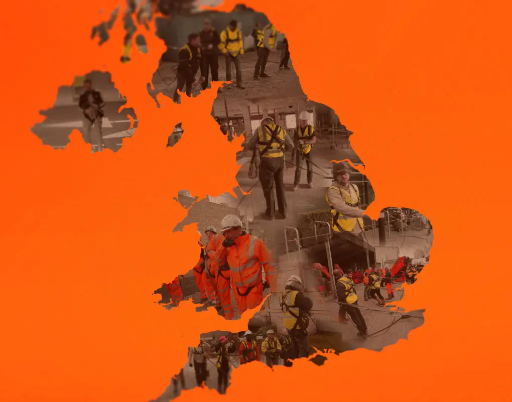 A map of the UK featuring operatives dressed in yellow and orange hi-vis, highlighting various training locations across the country.